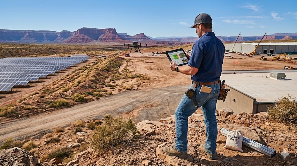 Drone operator flying a thermal inspection over a solar farm in the Southwest